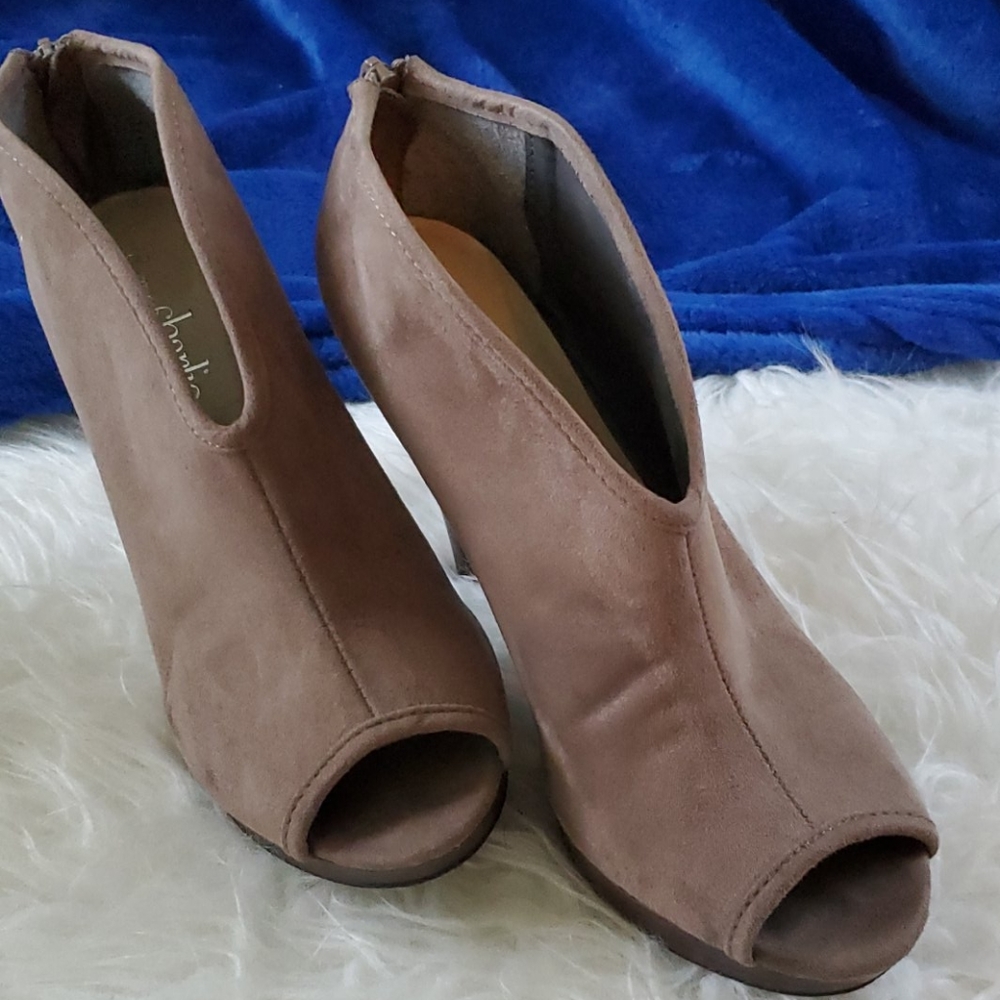 Charming Charlie, faux suede booties. Peep toe